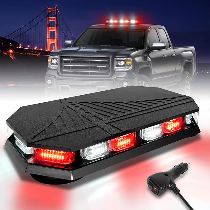 HLauto 406D Rooftop Emergency Strobe Lights Bar, 102 LED Red White Mini Beacon Safety Flashing Warning Traffic Lights Bar w/Magnetic Base for 12-24V Trucks, Construction Vehicles, Snowplow, Cars