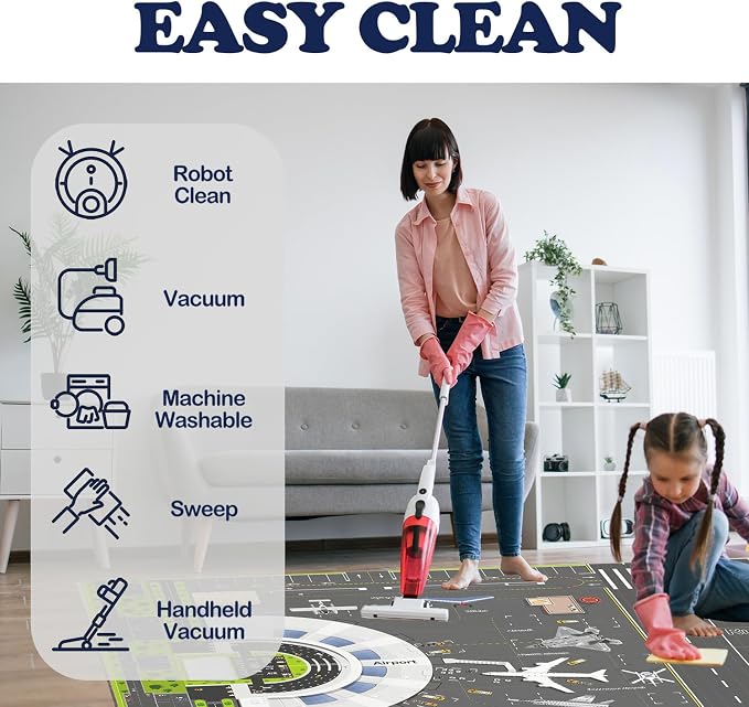 Kids Airport Runway Rug, Faux Wool Airplane Map, Non-Slip, 4 x 6 ft | Runway and airplane design; Aviation-themed play; Soft faux wool surface; Non-slip backing; Easy-care finish