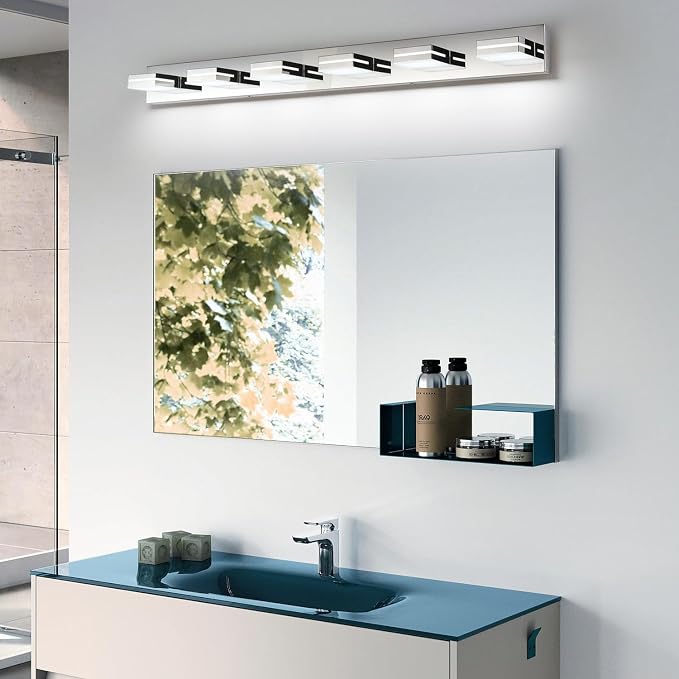 SineRise LED Modern Bathroom Vanity Light Fixtures (6-Light, 48-Inch), Chrome Modern Acrylic Bathroom Wall Lighting Fixtures Over Mirror (Cool White 6000K)