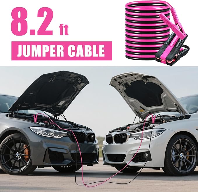 Car Roadside Emergency Kit, Vehicle Truck Safety Emergency Road Side Assistance Kits with Jumper Cables, Auto Air Compressor Tire Inflator, Pink