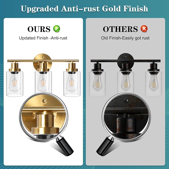Unicozin Modern Bathroom Light Fixtures, 3 Light Vanity Lights, Gold Wall Lamp with Clear Glass for Bathroom, Mirror, Living Room, Bedroom, Hallway, E26 Base