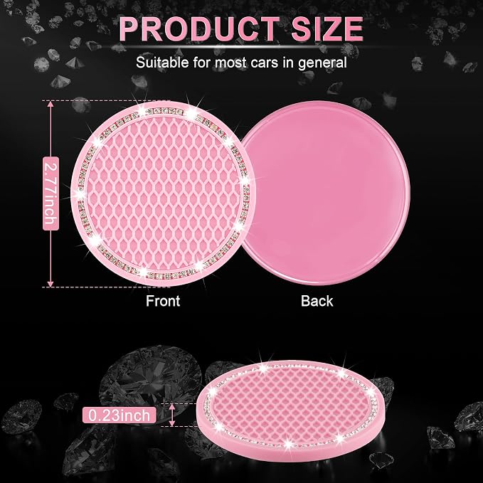 JUSTTOP Bling Cup Holder Coasters for Car,4PCS Universal Non-Slip Cup Holder,Rhinestone Decorative Coasters,Crystal Car Interior Accessories for Women(Pink)