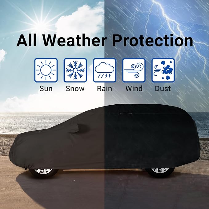 iCarCover Premium Heavy Duty SUV Car Cover - Waterproof All Weather Rain Snow UV Protection, FJ Cruiser, QX50, QX55, Defender 110, Grand Wagoneer, Venza, Size S53 (See Size Chart), Stripe - Black/Red