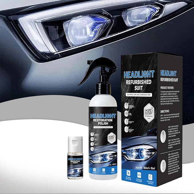 Headlight Restoration Kit, Removes Oxidation & Yellowing, UV Coating (5) | 180ml polish + 10ml ceramic coating, sponge & towel; for cars, trucks, SUVs, motorcycles; long-lasting UV protection