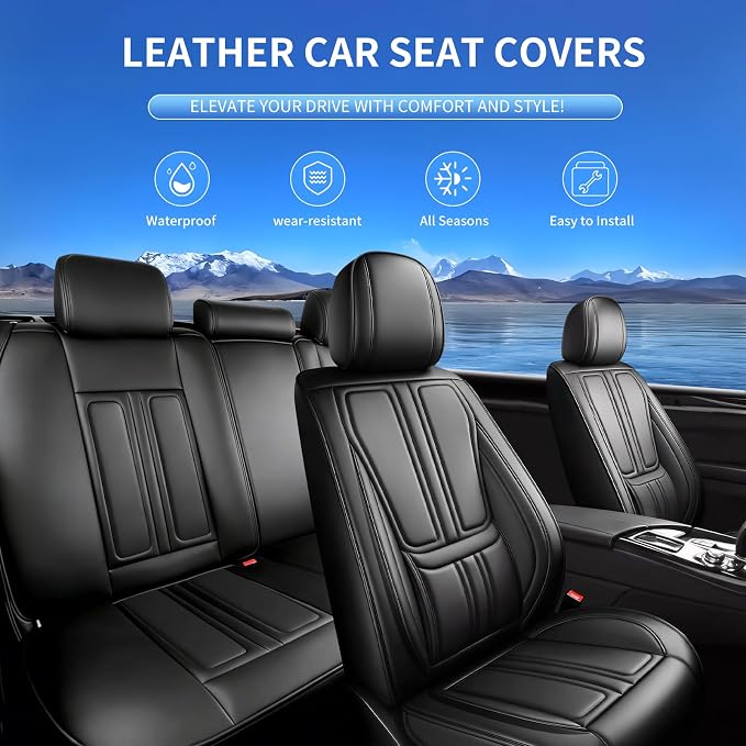 Fit Leaf Car Seat Covers Compatible with Nissan Leaf 2011-2025 2026.Full Coverage Waterproof Leather,Compatible with Airbag,All - Weather Seat Cushion Protector(Full Set,Black)