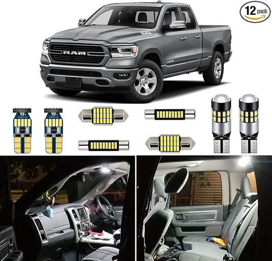 AUTOGINE 12 Piece White Interior LED Lights Kit for 2019 2020 2021 Dodge Ram 1500 2500 3500 Super Bright 6000K Interior LED Light Bulbs Package + Install Tool