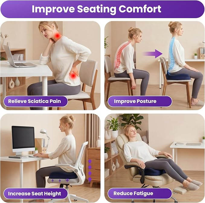 ZZ-WELL Seat Cushions for Office Chairs, Coccyx Cushion for Tailbone Pain, Memory Foam Butt Pillows for Computer Gaming Chair, Patented Pressure Relief Design Chair Cushion (Navy Blue, XX-Large)