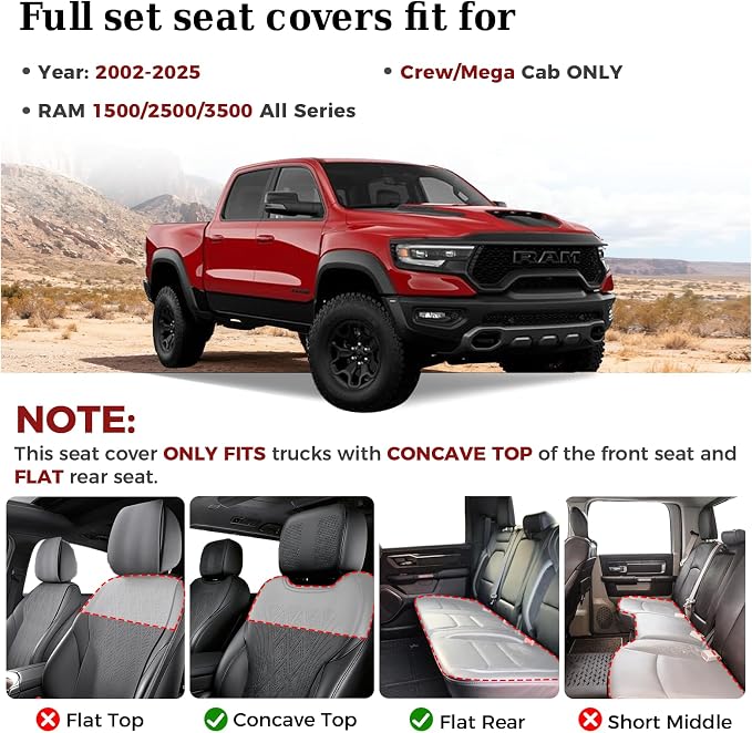 Truckiipa Seat Covers for Dodge Ram 1500 Full Set, Full Coverage Waterproof Leather Protectors Pickup Truck Accessories, Custom Fit for 2002-2025 Ram 1500 2500 3500 Crew Mega Cab, Black