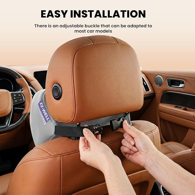 ZZ-WELL Car Headrest Pillow, Car Neck Pillow for Neck Pain Relief with Adjustable Strap, Memory Foam & Breathable Removable Cover, Travel Car Neck Pillow for Pain Relief While Driving (Grey, 2Pack)