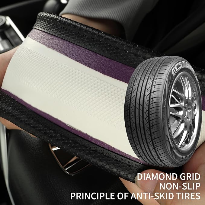 D Shaped Steering Wheel Cover Great Grip with 3D Honeycomb Hole | Anti-Slip Silicone Heavy-duty Microfiber Leather Sporty Design, Universal 14.5 inch - 15 inch, Black with Purple