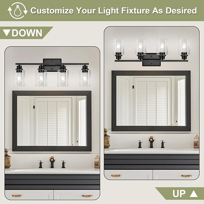 Unicozin Modern Bathroom Light Fixtures, 4 Light Vanity Lights Over Mirror, Black Wall Lamp with Clear Glass for Living Room Cabinet Bedroom Porch