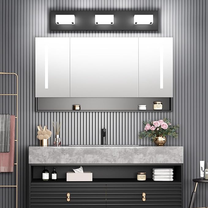 Ralbay Black Bathroom Vanity Lights 24inch Metal Acrylic LED Modern Bathroom Wall Lighting Fixtures Over Mirror Matte Black (White Light 6000K, Non-dimmable)