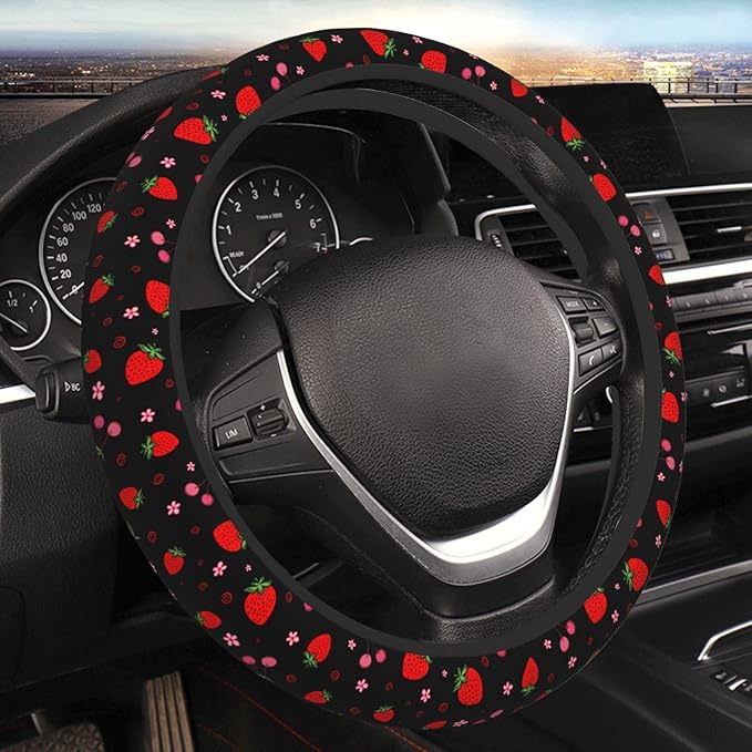 Cherry Strawberry Neoprene Steering Wheel Cover for Men Women Anti-Slip Elastic Steering Wheel Protective Cover 15in Universal Car Accessories Fit Cars, SUVs, Auto
