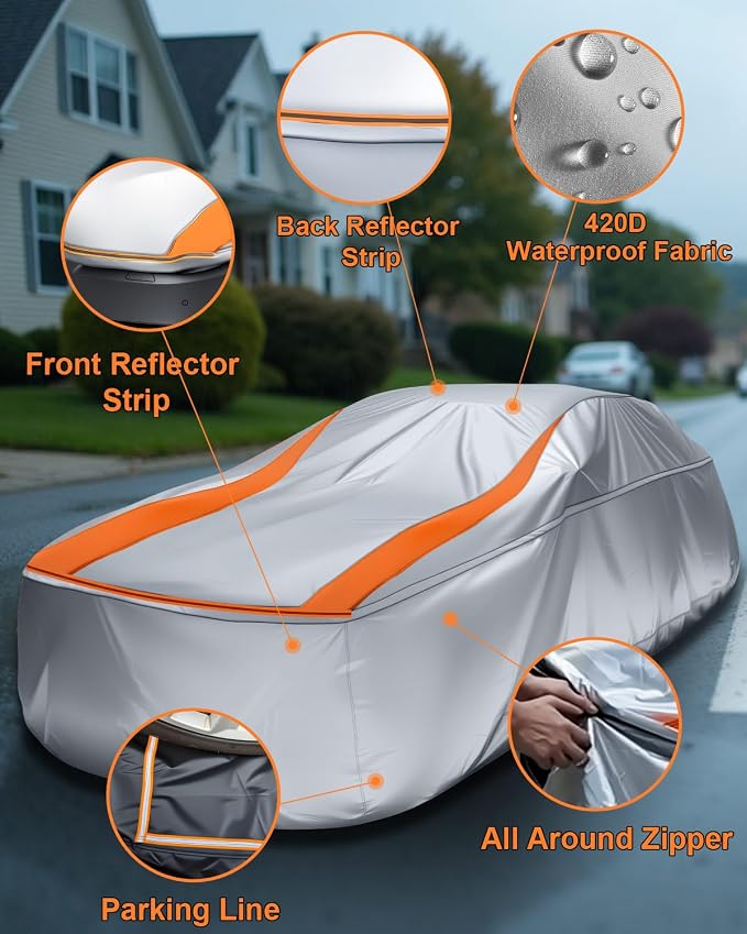 Full Enclosed Sliver Car Cover Universal Fit Camaro,Dodge Challenger/Charger,Accord,Camry,Altima,5 Series,Chrysler 300,Sonata,Malibu,Lexus ES,Passat,CT5,Audi A6,K5/Stinger,Jaguar XJ,Taycan,MKZ