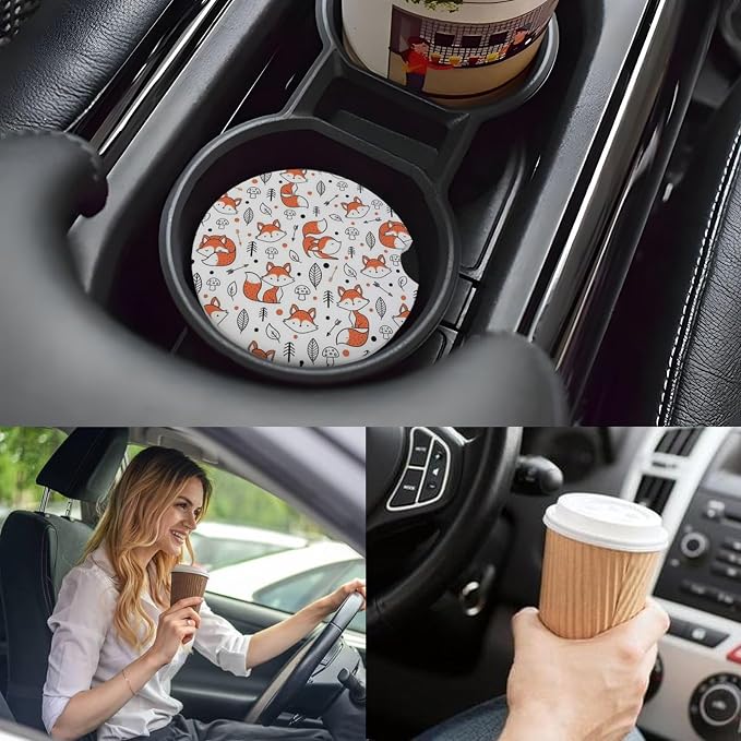 Car Cup Holder Coasters, 2 Pcs Ceramic Coasters with Cork Back and Finger Slot, Anti-Slip Shock Absorbing Women and Men Universal Car Accessories - Smart Fox