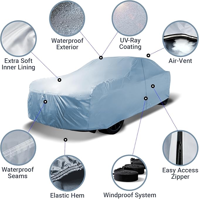 iCarCover 18-Layers Premium Universal Fit Car Cover Waterproof All Weather Sun Rain Snow UV Protection Outdoor Indoor Full Exterior Car Covers for Automobiles Sedan Hatch Coupe Fit for 227-236 inch