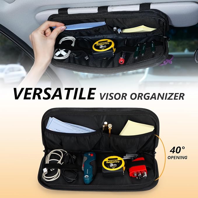 GNEGNI Tactical Car Sun Visor Organizer - Rigid MOLLE Panel Vehicle Storage Pouch with 3 Straps - Car Interior Document and Tool Holder for Truck, SUV, Jeep (13" x 7") (Black)