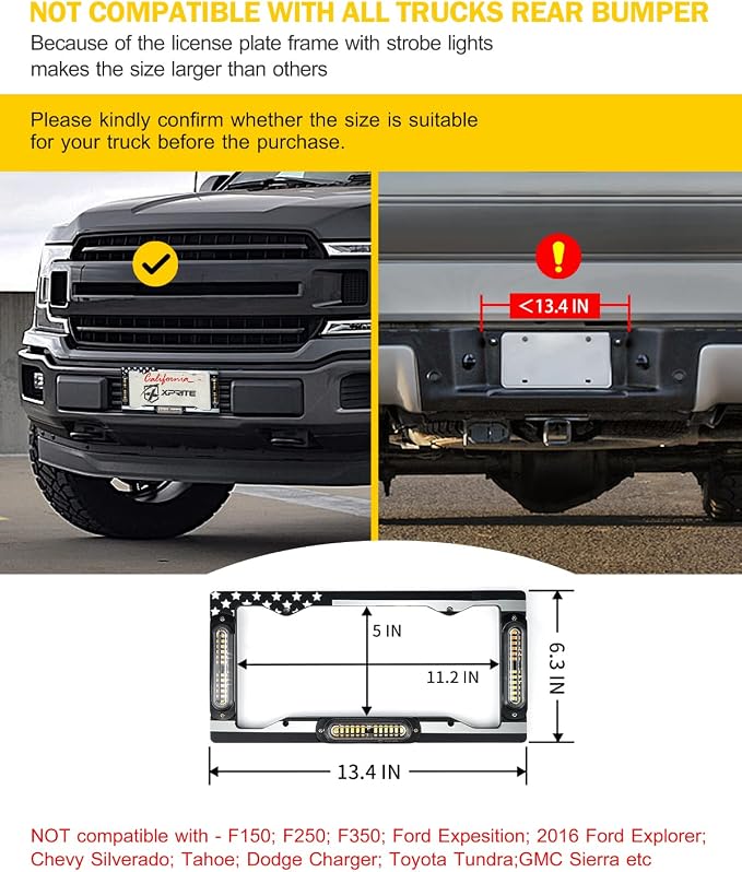 Xprite 36 LED License Plate Strobe Light, US Flag Front/Rear Utility Lights, 22 Modes Caution Frame for Construction Towing Snow Plow Pickup Work Trucks Cars - Amber (w/Pre-Installed 9FT Cable)
