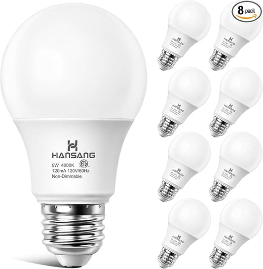 8 Pack A19 LED Light Bulbs, 60W Equivalent, 4000K Natural White LED Bulb with E26 Standard Base, Efficient 9W, Non-Dimmable, 800 Lumens, 120V, CRI 85, Eye-Friendly for Bedroom Living Room