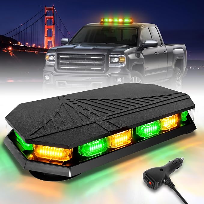 HLauto 406D Rooftop Emergency Strobe Lights Bar, 102 LED Amber Green Mini Beacon Safety Flashing Warning Traffic Lights Bar w/Magnetic Base for 12-24V Trucks, Construction Vehicles, Snowplow, Cars