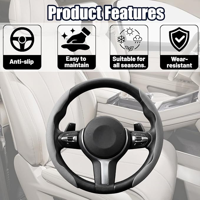 2PCS Car Steering Wheel Cover, 14.5-15" Breathable Nappa Leather Segmented Steering Wheel Protector with Non-Slip Grip, Stylish Auto Interior Decor Accessories, Universal for Vehicles (Gray)