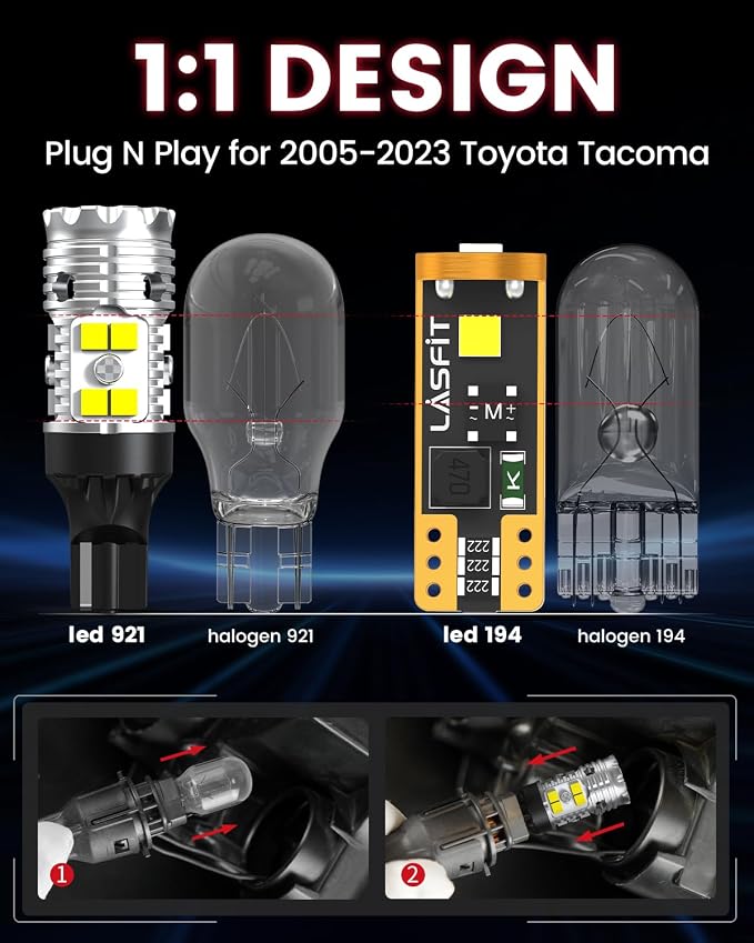 LASFIT 921 LED Back Up Reverse Light Bulbs and 194 License Plate Light for Toyota Tacoma 2005-2022 2023,194 168 2825/921 912 W5W Canbus White Combo Kit, 6000K, Non-Polarity, Pack of 4
