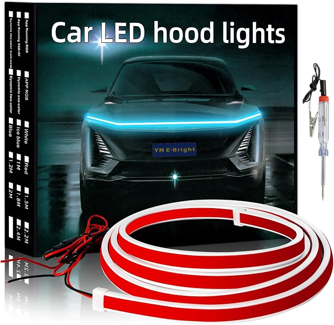 YM E-Bright Led Hood Light Strip Exterior Car Led Strip Light Waterproof Flexible DRL Dynamic Scan Start Up Hoodbeam Kit Daytime Running Lights for Car, Truck, SUV, 12V 59inch, Ice Blue, 1 Set