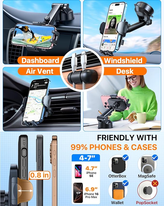 HTU 2026 Ultimate Best【True Military-Grade & Safety Cert】 Car Phone Holder | 【Upgraded 360 Rotation & 100LBS Strongest Suction】5-in-1 Truck Windshield Dashboard Vent Mount for iPhone Android, Deep Black