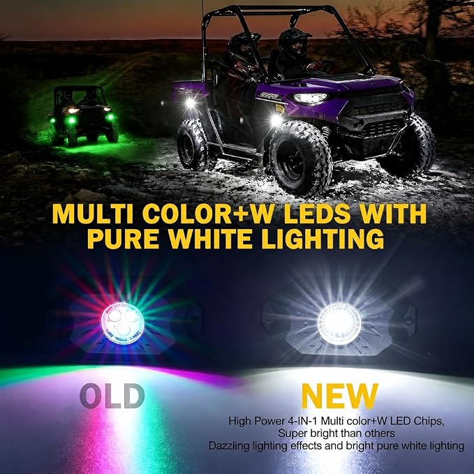 Xprite Colorful LED Rock Lights Kit with Bluetooth & Wireless Remote Controller, Multicolor Cars Underglow, Wheel, Footwell Neon Light Kits, for Off-Road UTV ATV Trucks SUV Motorcycle Boats - 8 Pods