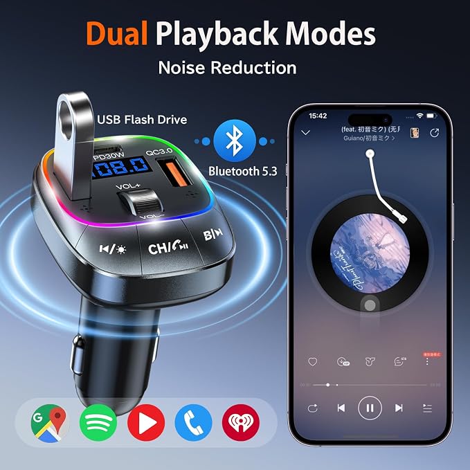 Redroman USB C Bluetooth 5.4 Car Adapter for Hands-Free Calling & 48W Fast Charging, Wireless FM Transmitter Audio Receiver with USB Playback and 7-Color LED Backlit, Type-C PD Charger for All Cars