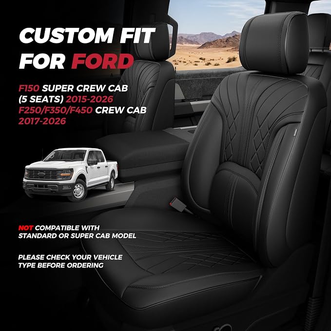 FREESOO Leather Seat Covers for Ford F150 SuperCrew/Crew Cab 2015-2026 | Fits F250/F350/F450 Super Duty 2017-2026, Custom Fit, Waterproof, Bucket Seat, Airbag Compatible, Lumbar Support, Easy-clean
