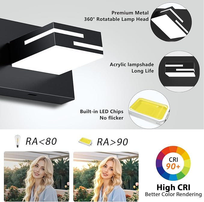 LED Modern Bathroom Vanity Light Fixtures, Dimmable Matte Black Vanity Lights for Bathroom Lighting Fixtures Over Mirror, with 360° Rotatable Acrylic Heads 6-Light 42-inch (Cool White 6000K)