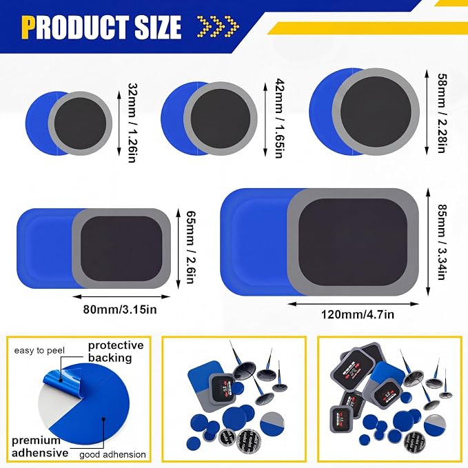 Tallew 13 Pcs Heavy Duty Tire Patches Kit Rubber Radial Tire Patch Plug Kit Emergency Tool for Puncture Car Truck Bus Tractor Vehicle Motorcycle 32mm, 42mm, 58mm, 65x80mm, 85x120 mm