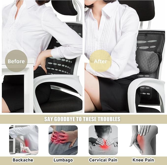 Coeyese Lumbar Roll Pillow for Lower Back Support, Light Grey, 15*4.3'' | Removable Pillowcase, Upgraded Adjustable Strap, Suitable for Office, Chair, Car, Seat Pain Relief & Improving Posture