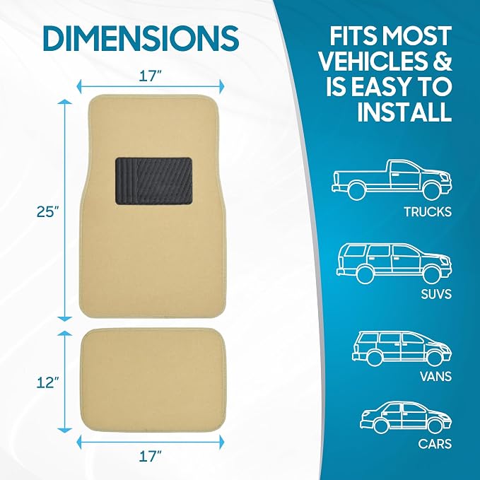 BDK Premium Light Beige Carpet Floor Mats for Cars - Universal Fit Interior 4-Piece Car Mats Full Set with Vinyl Heel Pad Protector - Cute Car Accessories Interior Floor Covers for SUVs & Trucks