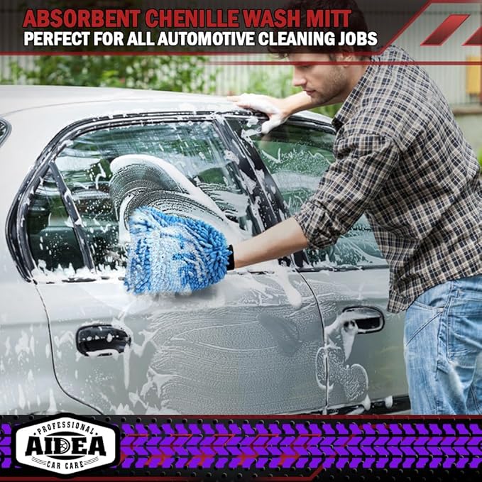 AIDEA Car Wash Mitt Microfiber, 2PK, Car Wash Brush, 8''X12'' | Scratch Free Lint-Free, Premium Chenille Microfiber Mitt, Extra Large Size, Green & Blue