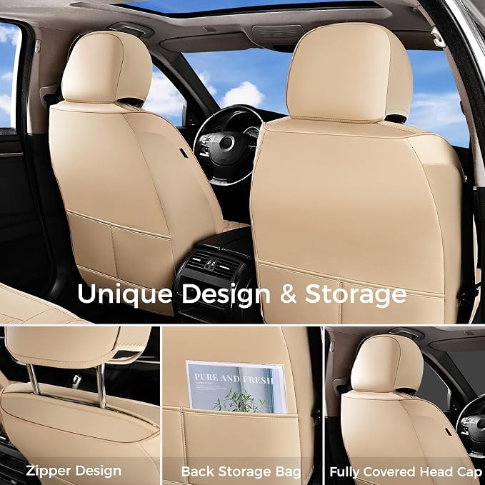Huidasource Beige Front Seat Covers, Leather Car Seat Covers Front Seats, Driver Seat Cover Waterproof, Airbag Compatible, Universal Fit for Most Cars, Vans, Trucks, SUVs (Front Pair/Beige)