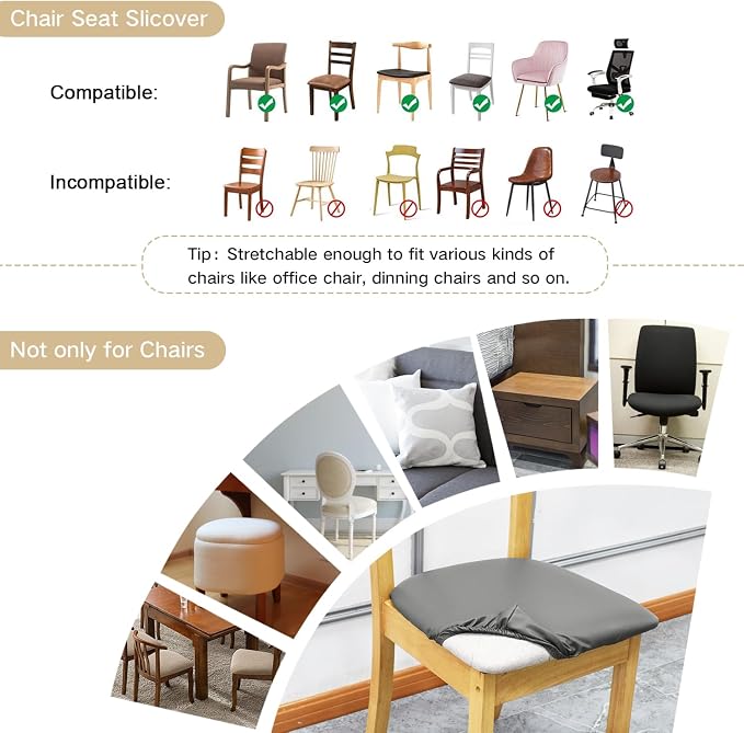 Leather Stretch Chair Seat Covers with Elastic Ties,Waterproof Dining Room PU Leather Chair Cover Seats,Removable Washable Chair Protector Seat Cushion Slipcovers for Home,Kitchen (Gray, 4 PCS)