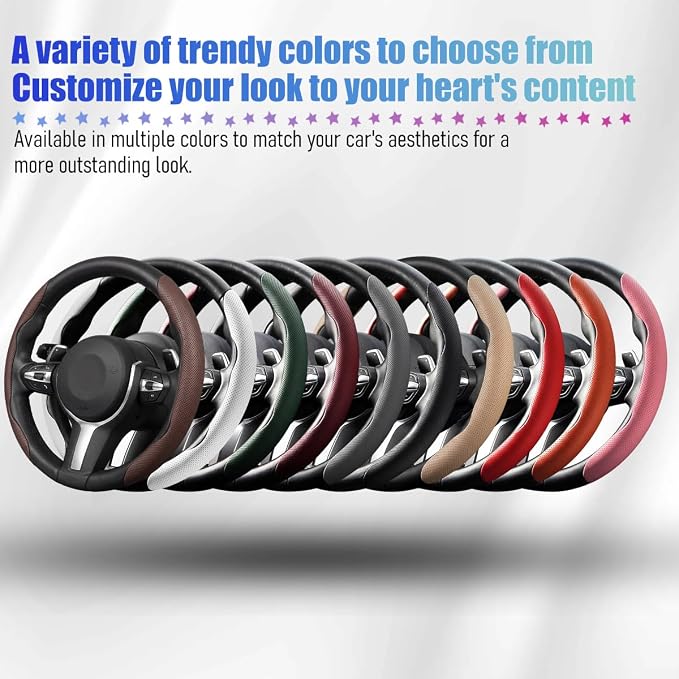 2PCS Car Steering Wheel Cover, 14.5-15" Breathable Nappa Leather Segmented Steering Wheel Protector with Non-Slip Grip, Stylish Auto Decor Accessories, Universal for Vehicles (Dark Brown)