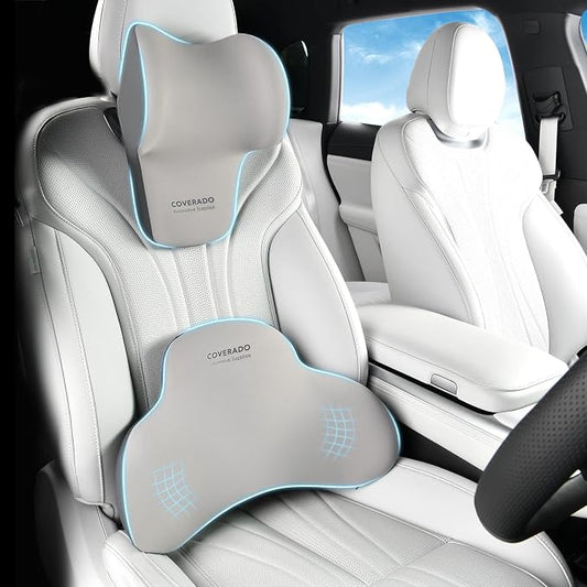 Coverado Lumbar Support and Headrest Pillow for Car, Memory Foam Ergonomic Head Neck Support Pillow for Driving Seat, Back Support and Pain Relief, Seat Cushion for Car, Driver, Office