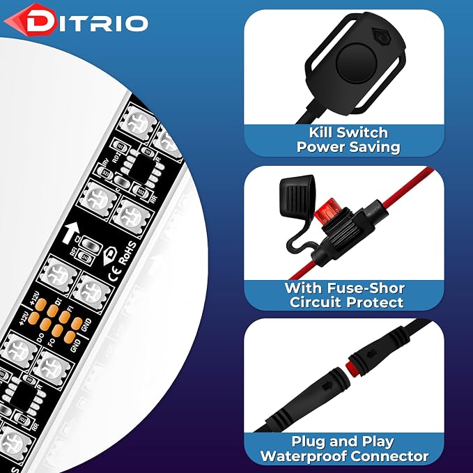 8PCS Double Row Motorcycle Led Lights with Brake Turn Signal,Underglow Light Kits with DITRIO APP/RF Remote Control, Dual Zone,Waterproof,12V Pixelglow RGB Lights for Motorcycles, Golf Carts, UTVs