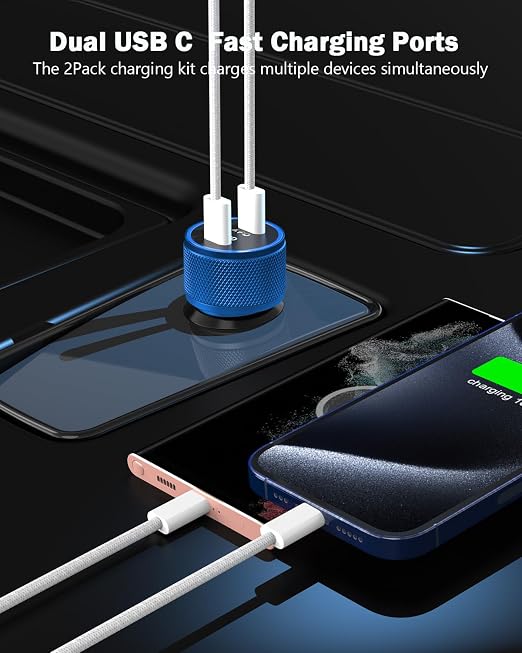 iPhone Car Charger Fast Charging,iPhone 16 Car Charger 2PACK Dual USB C PD3.0 Port CarCharging Adapter and USB C to C Braided Nylon Charging Cable Compatible with iPhone 16/16 Pro Max/15/iPad（Blue）