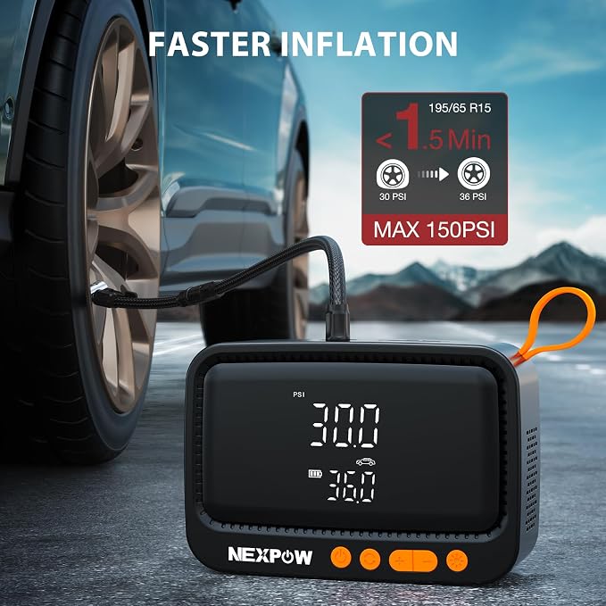 NEXPOW Tire Inflator Portable Air Compressor, 150 PSI Air Pump for Car Tires with Digital Pressure Gauge & Auto Shut-Off, Air Compressor Portable for Car, Motorcycle, Bicycle, Balls, Orange