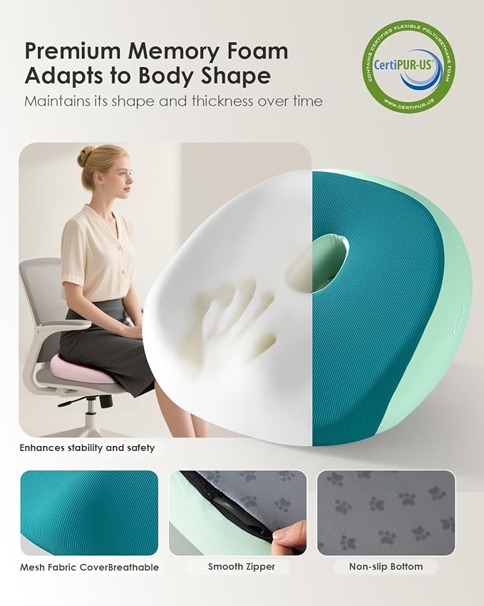FLORICH Seat Cushion, Memory Foam Cushion for Office Chair, Ergonomic Office Seat Chair Cushion for Relieving Sciatica, Soft & Breathable Car Seat Cushion - Green