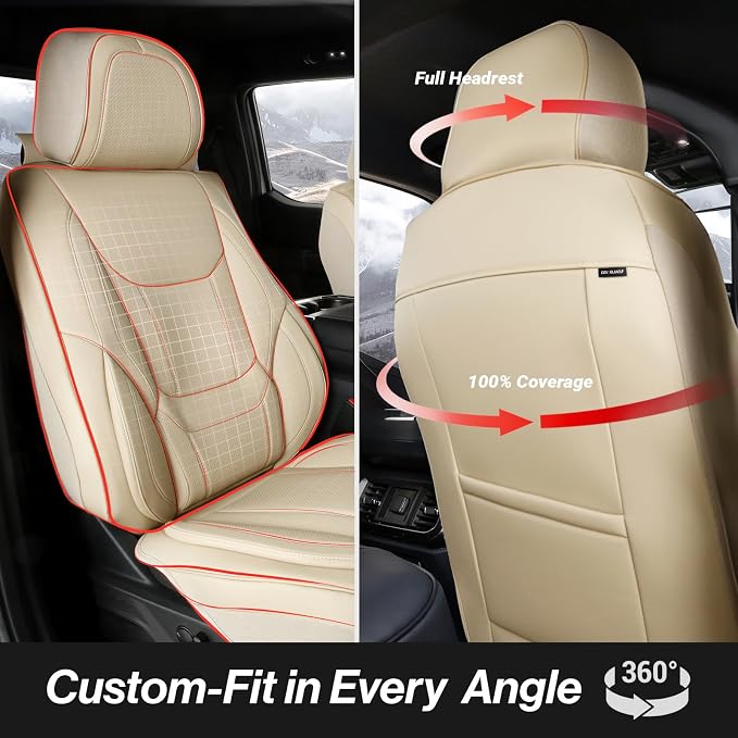 Coverland Custom Truck Car Seat Covers Full Set for [2015-2019 Chevy Silverado 2500HD, 3500HD Crew Cab Bucket Seats] - Protector Water Resistant Leather Memory Form Seat Cushion [Full Set-Beige]