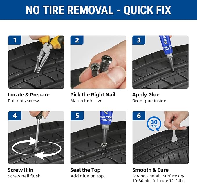 AUTOWN 21PCS Tire Repair Rubber Nail Kit - Complete Screw Plug Kit with Glue, Fast Fix for Flat Tires on Car, Truck, Motorcycle, SUV & More