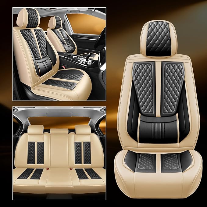 Fit Juke Car Seat Covers Compatible with Nissan Juke 2011-2016 2017.Full Coverage Waterproof Leather,Compatible with Airbag,All - Weather Seat Cushion Protector(Full Set,Beige)