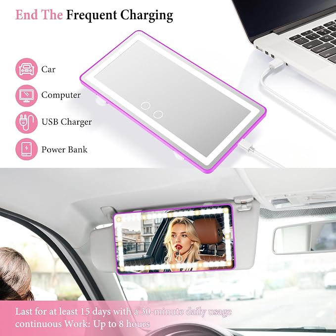 SINGARO Car Sun Visor Vanity Mirror - Rechargeable Makeup Mirror with 60 LEDs, 3 Light Modes & Dimmable Touch Control for Cars, Trucks, SUVs, Car Interior Accessories for Women (Purple)