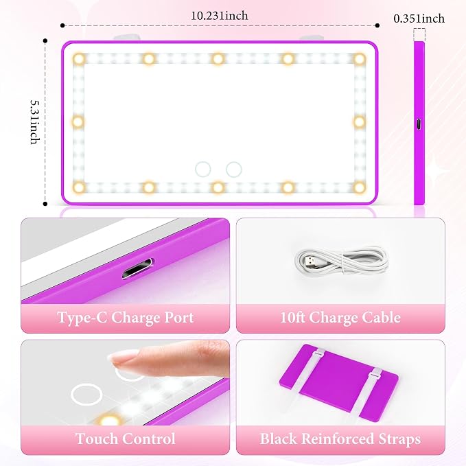 SINGARO Car Sun Visor Vanity Mirror - Rechargeable Makeup Mirror with 60 LEDs, 3 Light Modes & Dimmable Touch Control for Cars, Trucks, SUVs, Car Interior Accessories for Women (Purple)