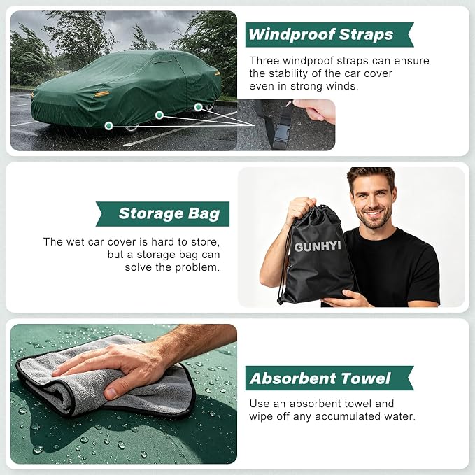 GUNHYI Coupe Car Cover Waterproof All Weather, 16-Layer Heavy Duty Full Exterior Cover with Vents, Driver Door Zipper & Towel, Summer Sun/UV/Rain Protection, Fit Pontiac Firebird, Dodge Charger etc.